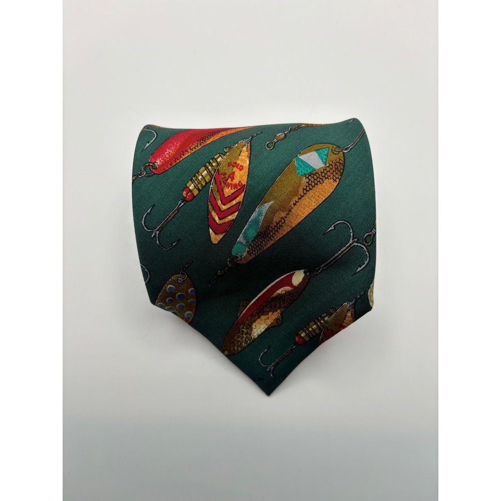 Polo Ralph Lauren Silk Tie Green Fishing Lure Print Hand Made Mens Necktie